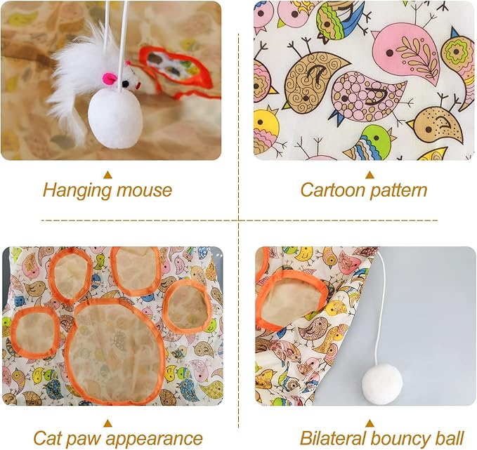 Andiker Cat Tunnel Bags for Indoor Cats, 13x17x12In Foldable Cat Crinkle Bag with 3 White Plush Balls and 1 Mouse 5 Holes for Kitten to Hide and Catch 3 Layers Cat Toy (Bird)