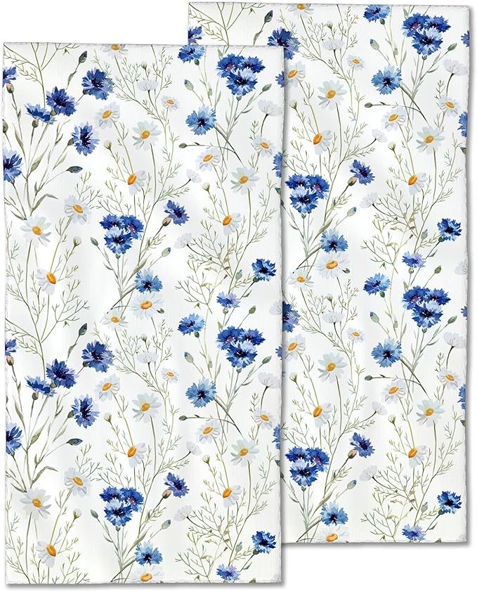 White Daisy Flowers Hand Towels Set of 2,Blue Cornflower Fingertip Towel Polyester Cotton Soft Bath Hand Towels for Bathroom Kitchen Hotel Spa Hand Towels 14"X28"