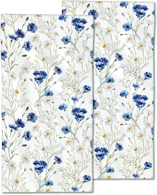 White Daisy Flowers Hand Towels Set of 2,Blue Cornflower Fingertip Towel Polyester Cotton Soft Bath Hand Towels for Bathroom Kitchen Hotel Spa Hand Towels 14"X28"