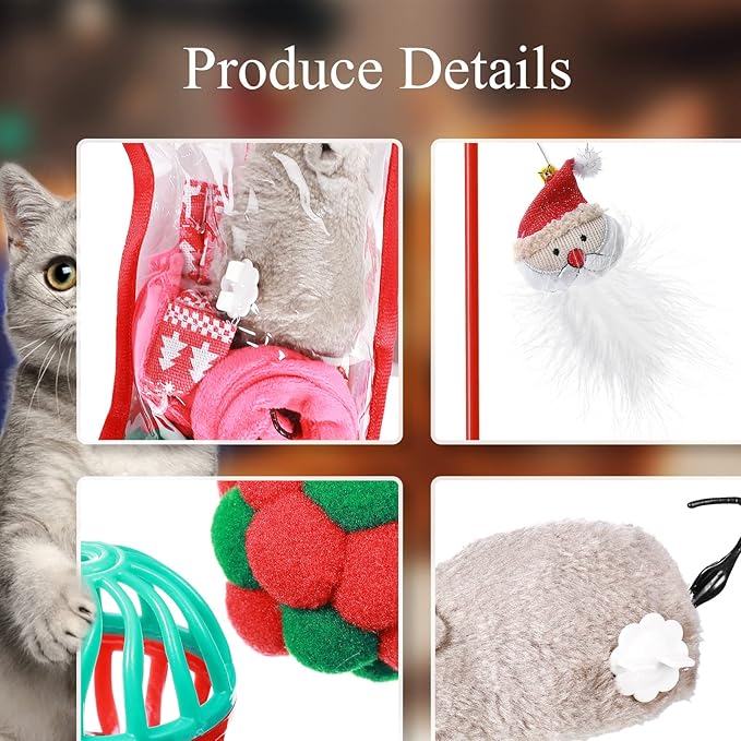 Sratte 12 Pieces Christmas Stocking Cat Toys Sets Christmas Cat Toys Stocking Stuffers Christmas Interactive Kitten Toys with Mouse, Squeaky Toys, Balls, Cat Teaser for Indoor Cats