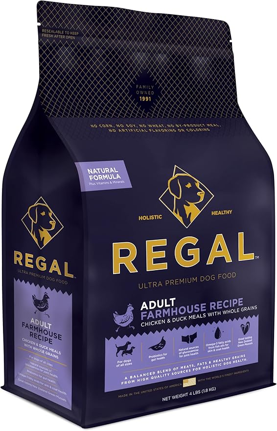 Regal Pet Foods Adult Farmhouse Recipe (Chicken and Duck) All Natural, Slow Cooked Whole Grain Dry Dog Food for All Breeds and Sizes of Adult Dog - Made in The USA, 4 LB Bag