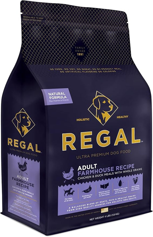 Regal Pet Foods Adult Farmhouse Recipe (Chicken and Duck) All Natural, Slow Cooked Whole Grain Dry Dog Food for All Breeds and Sizes of Adult Dog - Made in The USA, 4 LB Bag