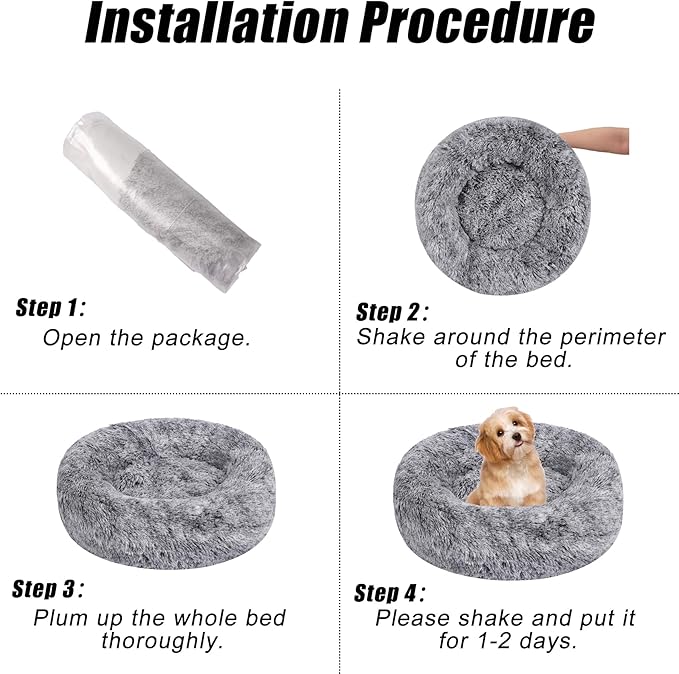 Calming Dog Bed, Dog Beds Fits up to 25 lbs Pets, Fluffy Donut Dog & Cat Bed Washable, Round Anti Anxiety Dog Bed, Small Dog Bed with Non-Slip Bottom (Grey White, 24" x 24")