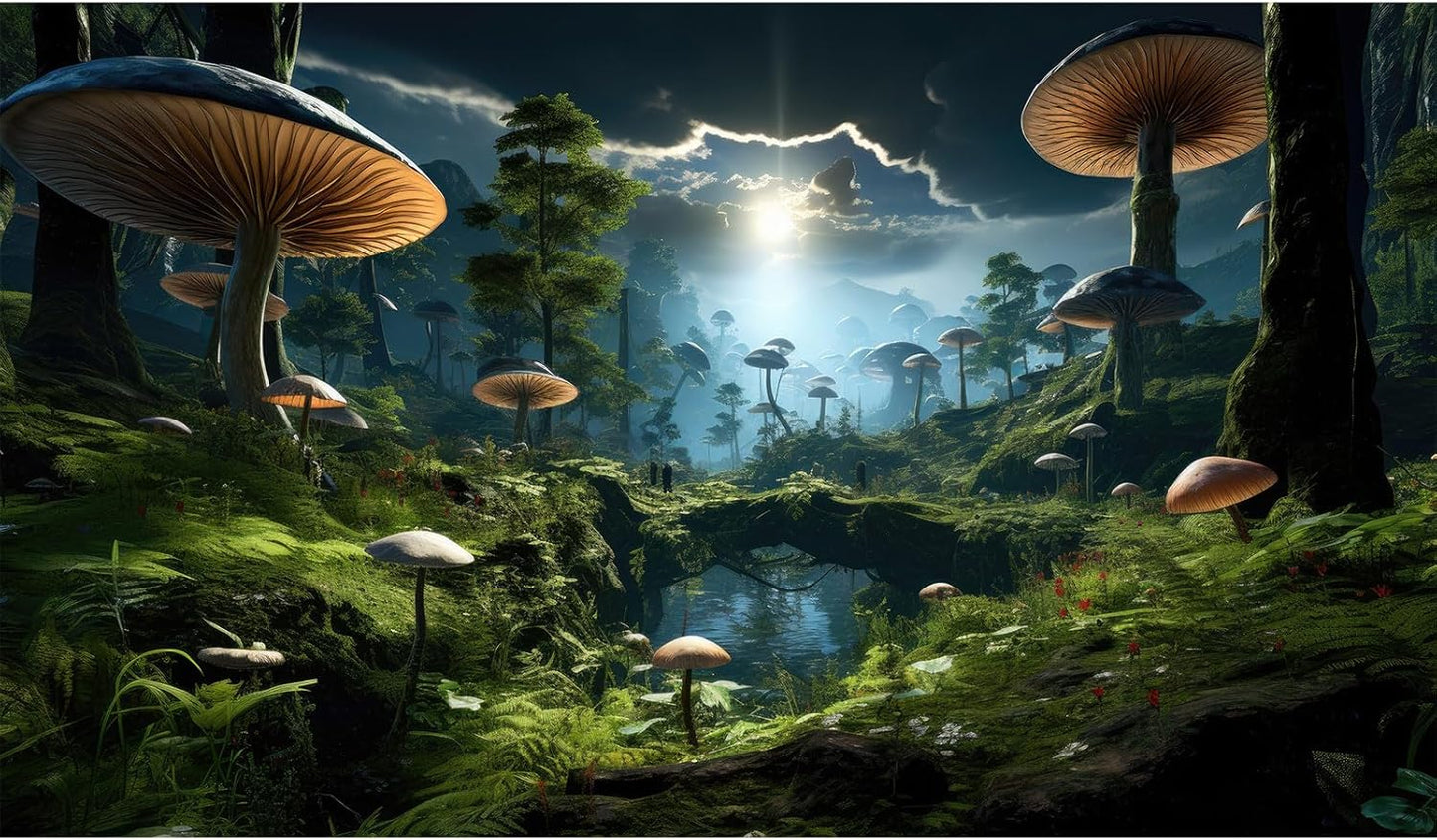 Fantasy Mushrooms Landscape Aquarium Background Tranquil Stream Cloudy Sky Terrarium Background Lush Green Tropical Plants Trees Fish Tank Backdrop Decoration Tank Background Poster 72x16in