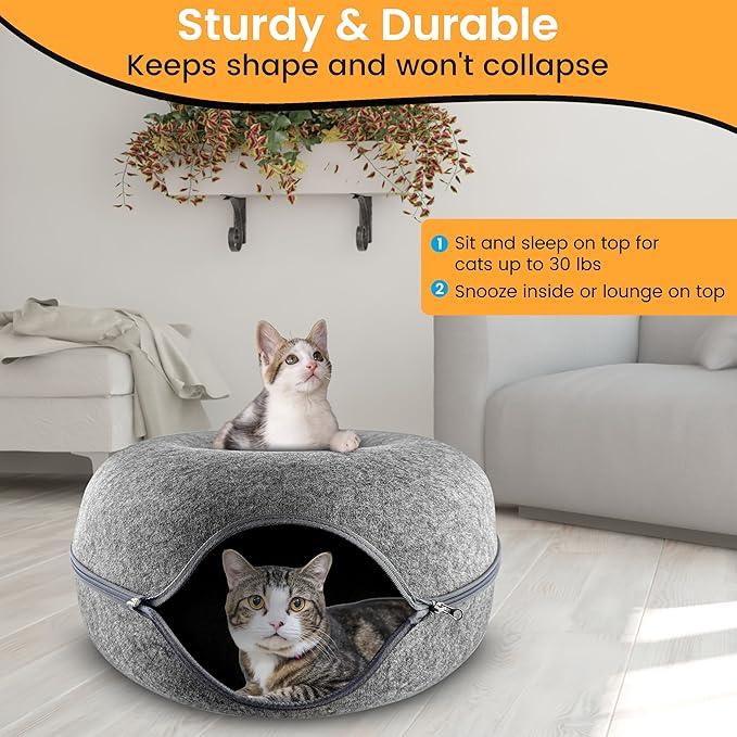 Cat Tunnel Bed – Large Cat Donut Tunnel with 12-Pcs Cat Toy Set – Soft Felt Cat Caves for Indoor Cats with Upgraded Zipper – Scratch-Resistant Cat Cave Bed – Comfortable Peekaboo Cat Cave