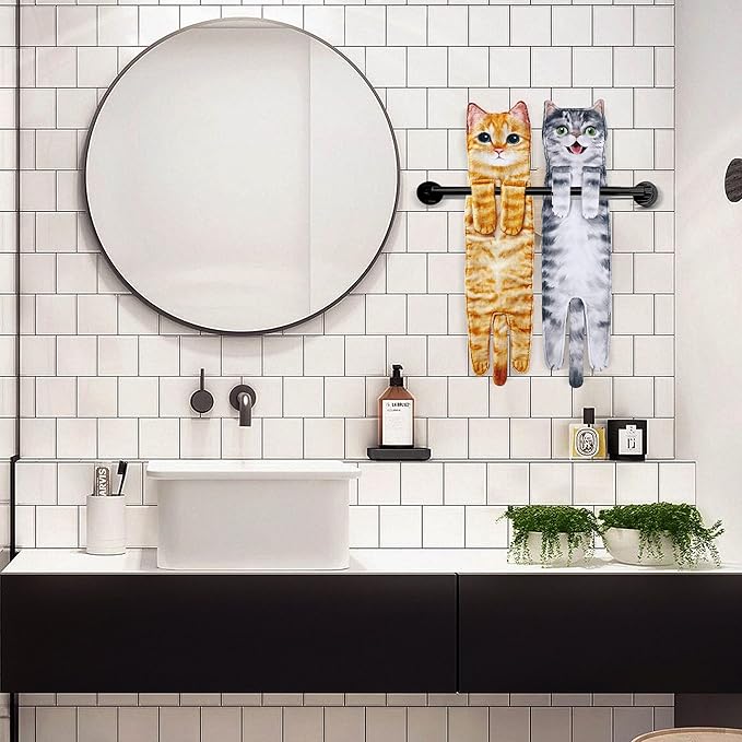 Cat Funny Hand Towels for Bathroom Kitchen- Cute Decorative Kitten Decor Hanging Face Towels- Unique Housewarming Valentines Mothers Birthday Gifts for Women Mom Cat Lovers