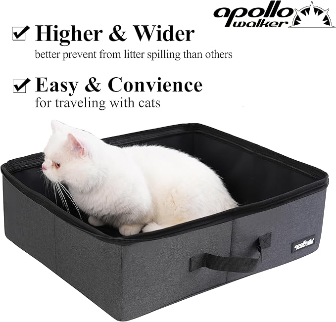apollo walker Portable Cat Travel Litter Box with Zipped Waterproof Bag,Collapsible Litter Carrier for Cat with Zipped Lid and Handle, No Leakage, No Smell, Easy to Carry and Use in Hotels, Car Black