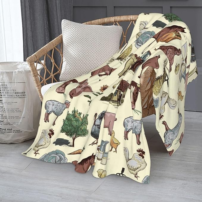 Farm Animal Blanket Throw 80"x60", Plush Flannel Cow Chicken Horse Pig Sheep Blanket, Soft Warm Decorative for Kids Women Adults