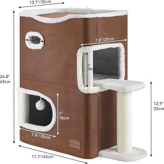 YITAHOME 2-Tier Cat House, Indoor Cat Cave Bed Playhouse, Flannel & Cool Mat, Covered Cat Beds with Scratch Pad and Hideaway Cave, Cute Modern Cat Condo Furniture for Multi Small Cats, Brown