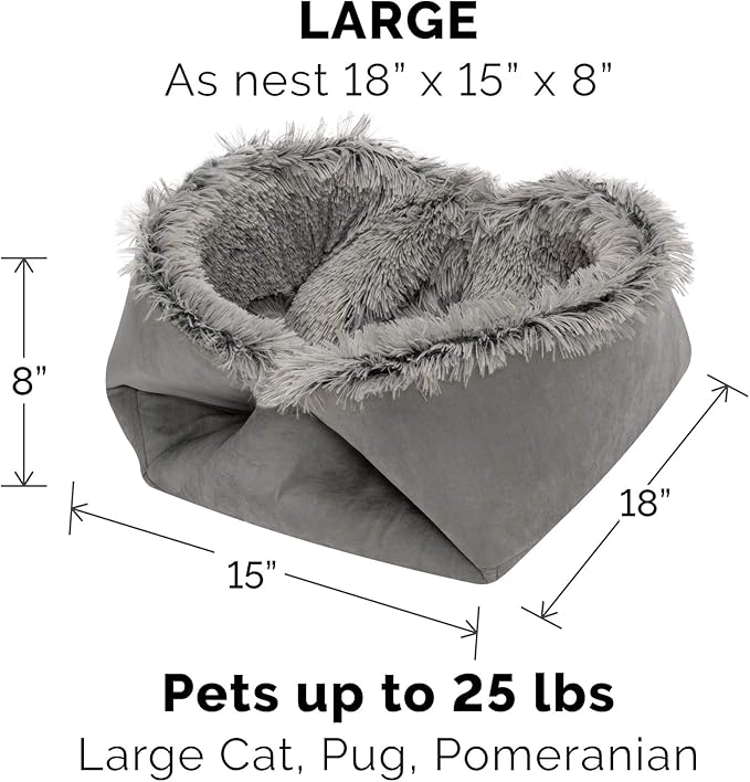Furhaven Self-Warming Cat Bed for Indoor Cats, 4-Beds-in-1 & Washable - Plush Long Faux Fur Convertible Cuddler - Gray, Large, 35.5"L x 30.0"W x 0.5"Th