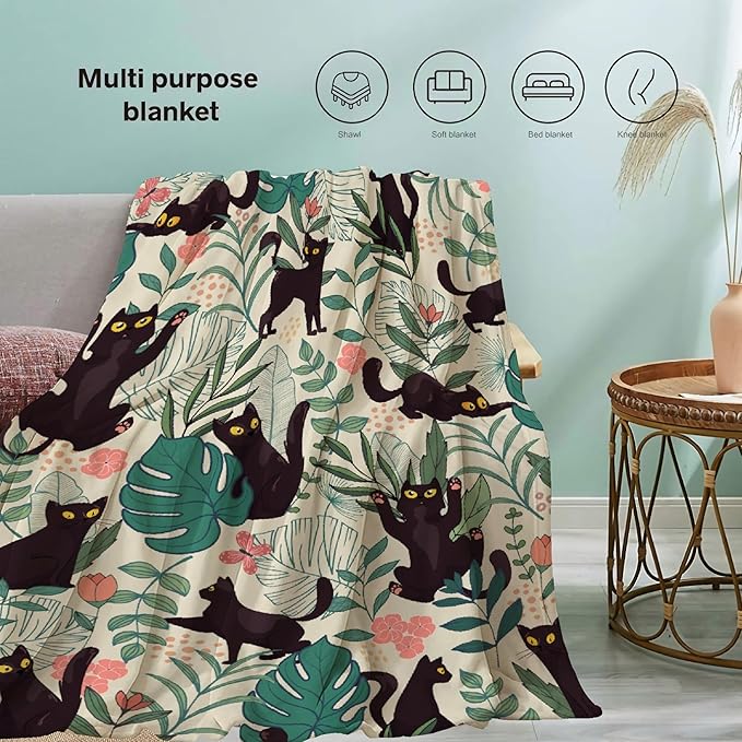 Floral Thow Blanket Super Soft, Cozy Black Cat, Best For Kid, Adult, Women, Men, Hallowen, Cute Pet Cats, Dorm Home Decor (50"X40")