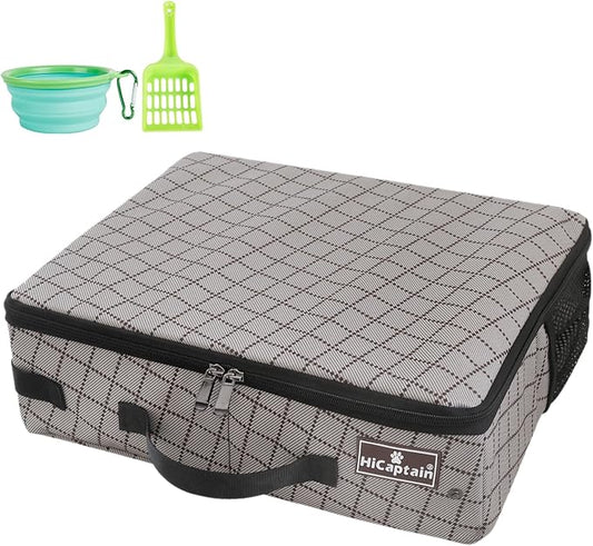 HiCaptain Portable Cat Travel Litter Box with Lid, Collapsible Travel Litter Box for Small Medium Cats, Leak Proof, Odor Free, Waterproof Foldable Standard Litter Carrier Box for Outdoor - Khaki
