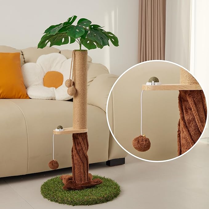Cat Scratching Posts with Sisal Rope, Dangling Balls and Natural Healthy Catnip Balls, 33.86" Tall Cat Scratcher with Extra Cat Energy Ball for Indoor Cats Adults and Kitten