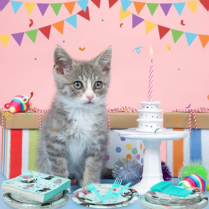 122 Pcs Cat Birthday Party Supplies Disposable Cat Themed Tableware Include 24 Dinner Plates 24 Dessert Plates 50 Paper Napkins 24 Forks Kitten Birthday Party Decoration for 24 Guests (Green)