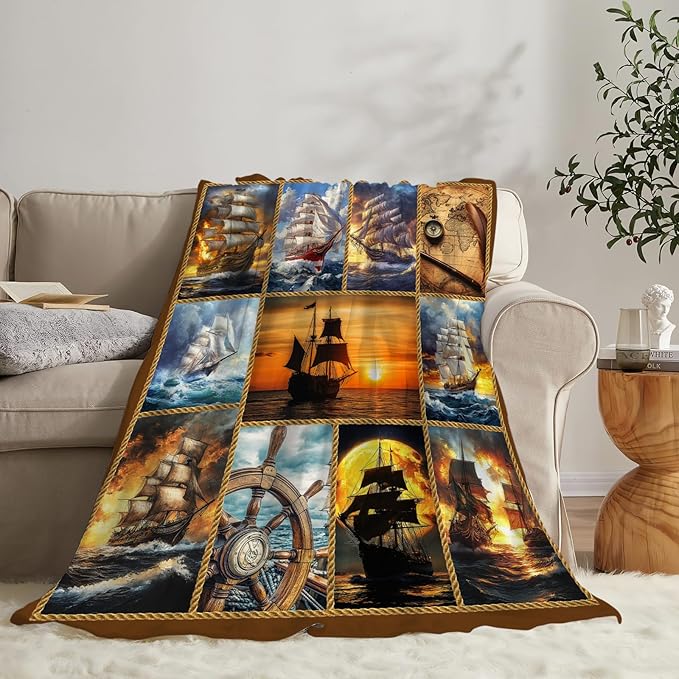 Nautical Throw Blanket Ultra Soft Cozy Navigation Sailboat Blanket Fleece Fuzzy Plush Nautical Lovers Decor Gifts for Women Girls Adults Couch Sofa 50"x40"
