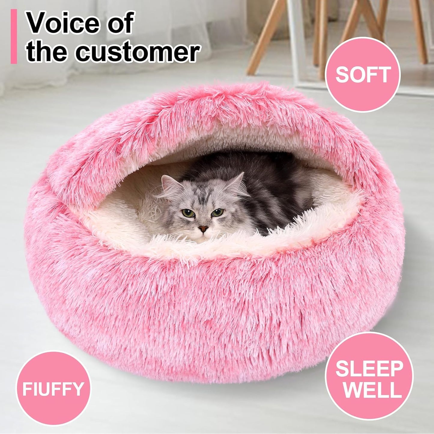 Calming Dog Beds & Cat Cave Bed with Hooded Cover,Removable Washable Round Beds for Small Medium Pets,Anti-Slip Faux Fur Fluffy Coved Bed for Improved Sleep,Fits up to 15/25 lbs(Pink,S)