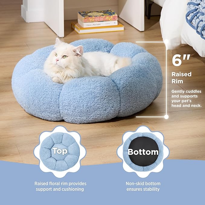 Lesure Calming Cat Beds for Indoor Cats - Cute Flower Pet Beds in Teddy Sherpa Plush, Donut Round Fluffy Puppy Bed, Non-Slip Extra Small Dog Bed Fits up to 15 lbs, Machine Washable, Blue 20"
