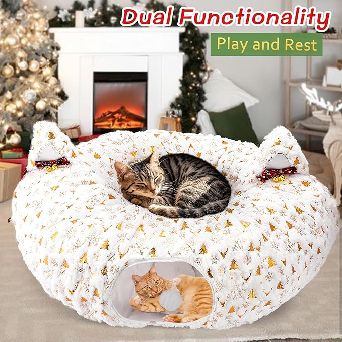 Cat Tunnel Bed for Indoor Cats, 3-in-1 Christmas Cat Donut Tunnel with Washable Cushion, Cat Tube Cave Toys Comes with Two Spherical Cat Fun Balls, for Kitten/Puppy/Rabbit, White