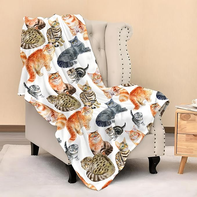 Cute Kids Cats Print Blanket Throw 60"X50", Plush Flannel Blankets with Cats On It, Gifts for Kids Women Cat Lovers People