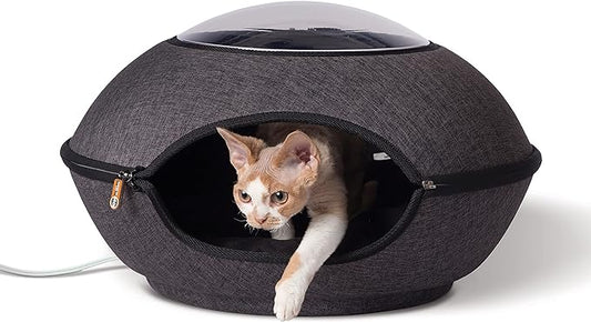 K&H Pet Products Thermo Lookout Pod Indoor Heated Cat Bed for Large Cats, Heated Cat Cave, Thermal Cat Mat Hideaway for Small or Large Cats and Kittens - Classy Gray 22 Inches