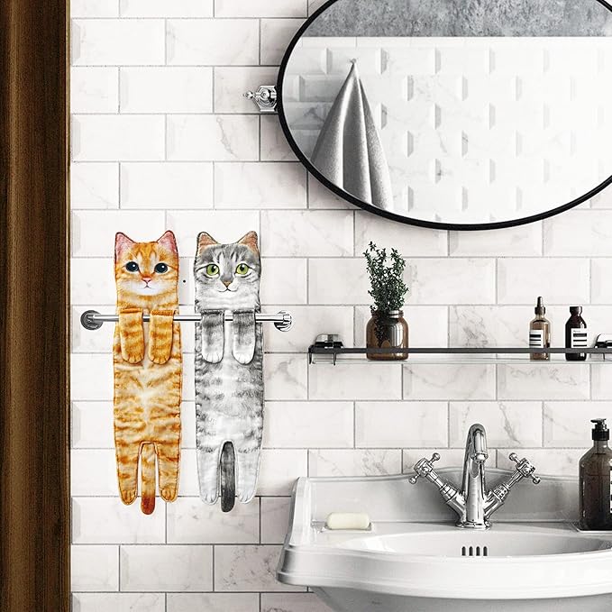 Cat Funny Hand Towels for Bathroom Kitchen- Cute Decorative Kitten Decor Hanging Face Towels- Unique Housewarming Valentines Mothers Birthday Gifts for Women Mom Cat Lovers