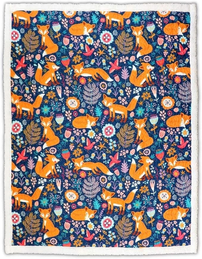 Lush Decor Pixie Fox Reversible Sherpa Throw Blanket, 50” W x 60"L, Navy & Orange- Quilted Toddler Blankets For Boys Or Girls - Colorful Florals- Soft & Fluffy Kids Blanket For Bed, Couch Or Chair