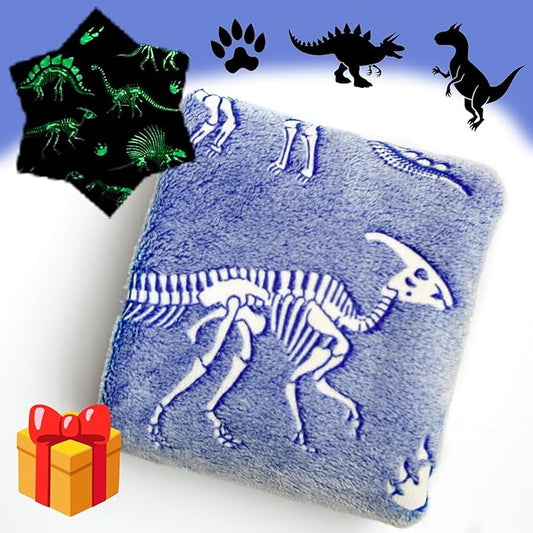 2025 Best Gift Dinosaur Gifts Toys for Kids Boys, Dinosaur Fossil Pattern Blanket Glow in The Dark Throw Blanket, Soft Plush Kids Blanket, Fun Dinosaur Theme, Birthday Gift, 50"*60", Blue