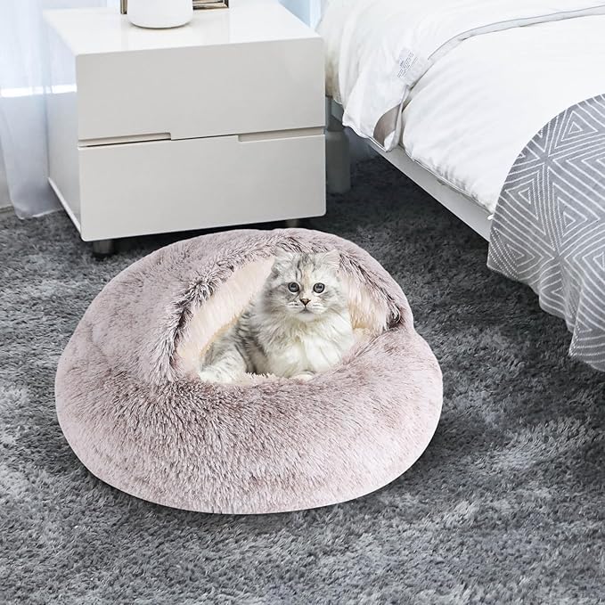 Round Hooded Cat Bed & Dog Bed with Cover Cave, Dog Bed for Small Dogs, Faux Fur Cuddler Round Coved Cat Bed Self Warming Donut Dog Bed Fits up to 12 lbs Pets(Coffee, 20inch x 20inch)