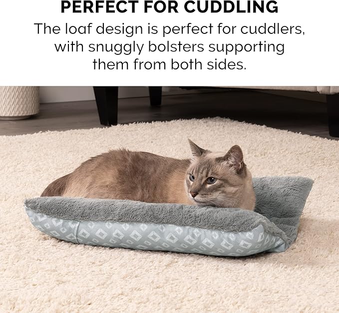 Furhaven Cat Bed for Indoor Cats, Washable w/ Removable Bolsters, For Pets Up to 9 lbs - Plush & Diamond Print Cuddle Loaf Mat - Gray, Small