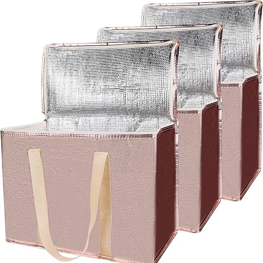 Bodaon 3-Pack Insulated Reusable Grocery Shopping Bag, X-Large Frozen Food Cold, Cooler Bags with Zippered Top, Insulated Food/Pizza Delivery Bag, Gold