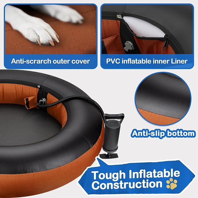 Elevated Dog Bed,Inflatable Dog Bed Raised,Pet Cushion Sofa for Large Dogs,Portable Dog Cot Doughnut Round Stand,Waterproof Dog Bed Frame for Indoor,Outdoor(Brown)