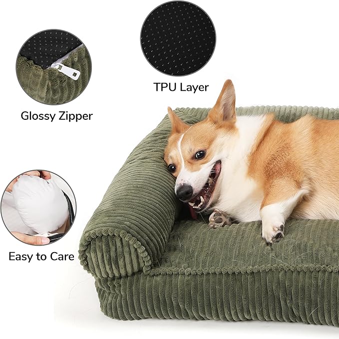 FUKUMARU Cute Dog Bed, Fluffy Dog Bed with TPU Layer Keeping Lining Dry, Dog Couch Medium Size Dog Easy to Care, Warm Cat Bed with Removable Zipper Cover, 36inch, Large, Green