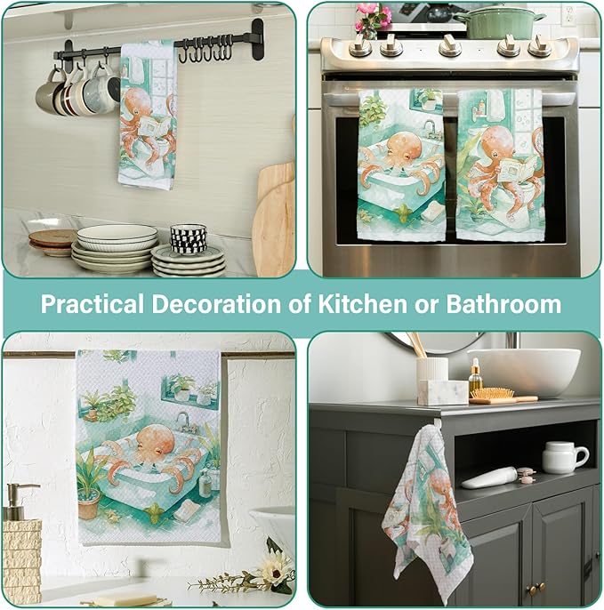 Octopus Decorative Hand Towels for Bathroom Set of 2, Octopus Bathroom Decor, Octopu Gifts for Women, Funny Octop Waffle Weave Dish Towels 18x26 Inch