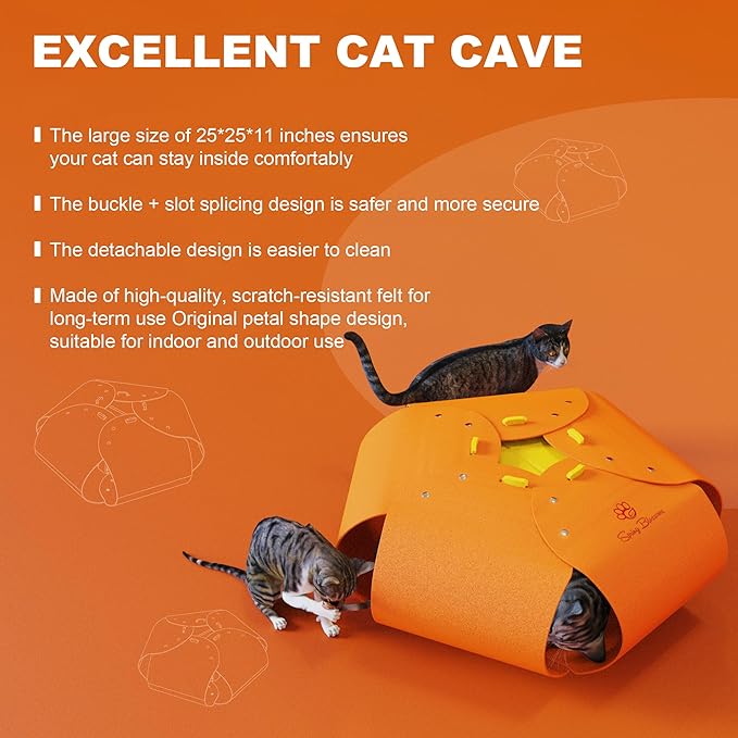 Spring Blossoms Cat Tunnel, Cat Cave for Indoor Cats Bed,Scratch Resistant Cat Toys for Medium Large Cats Hide and Seek Toy (Amber Orange)