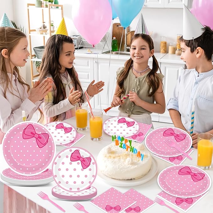 96 Pcs Pink Cat Party Supplies Pink Bow Plates and Napkins Tableware Set Decor Cute Cat Cake Dessert Plates Table Decorations for Birthday Baby Shower Cute Bow Party Favors for 24 Guests