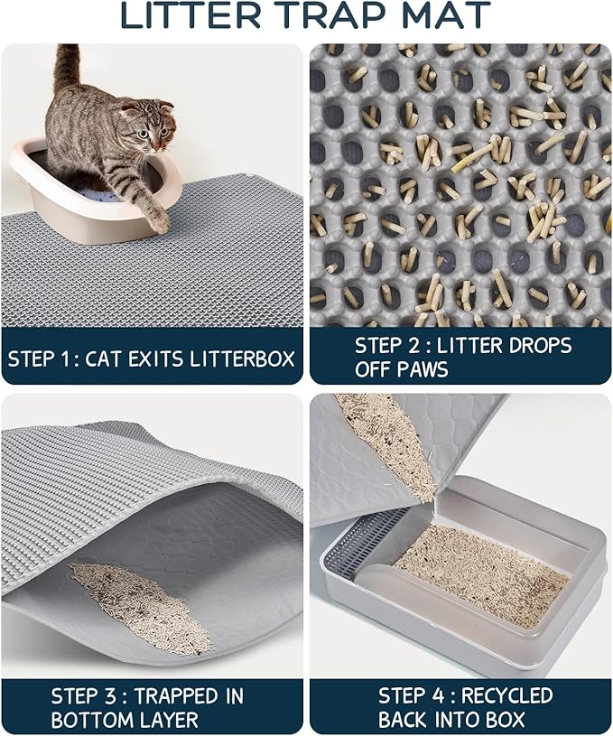 BurgeonNest 45"x32" Extra Large Cat Litter Mat, Honeycomb Double Layer Kitty Litter Trapping Mat, Urine Proof & Waterproof, Easy Clean, Machine Washable, Non-Slip, Scatter Control