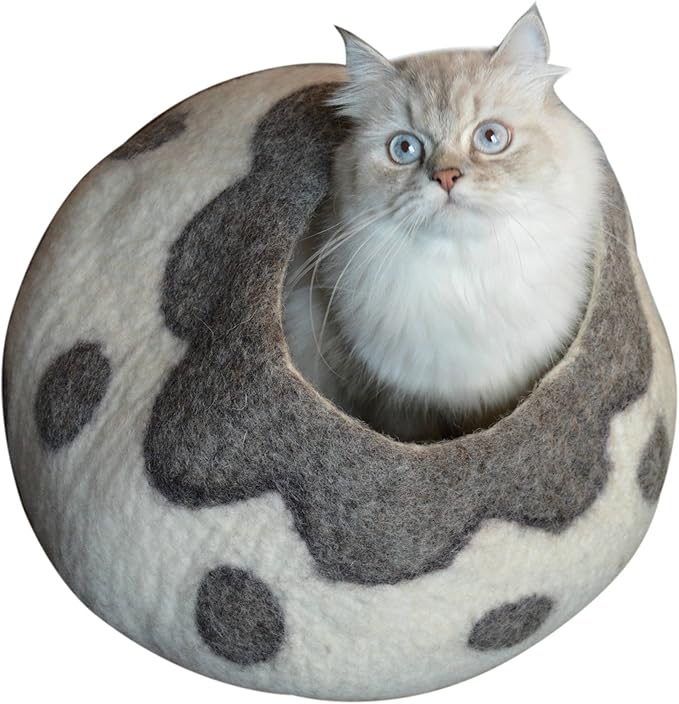 Cat Cave Bed - Gray White Handmade Felted Wool, Large Covered Cozy Cocoon, Indoor Hideaway Igloo House, Also Perfect Kitten Gift, by Earthtone Solutions (Cozy Pueblo)