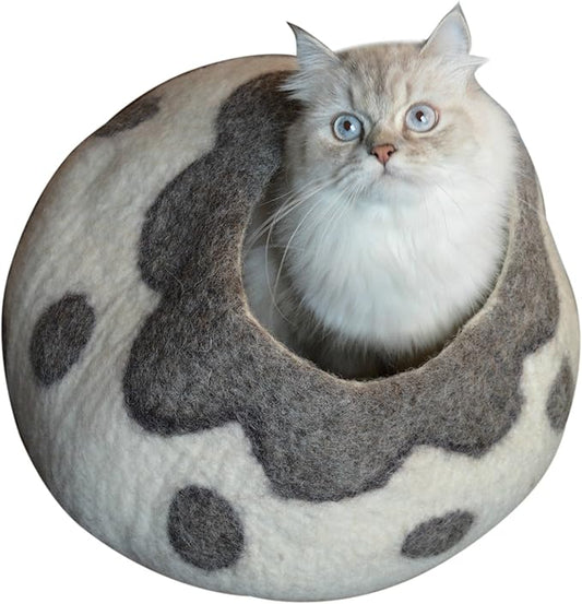 Cat Cave Bed - Gray White Handmade Felted Wool, Large Covered Cozy Cocoon, Indoor Hideaway Igloo House, Also Perfect Kitten Gift, by Earthtone Solutions (Cozy Pueblo)