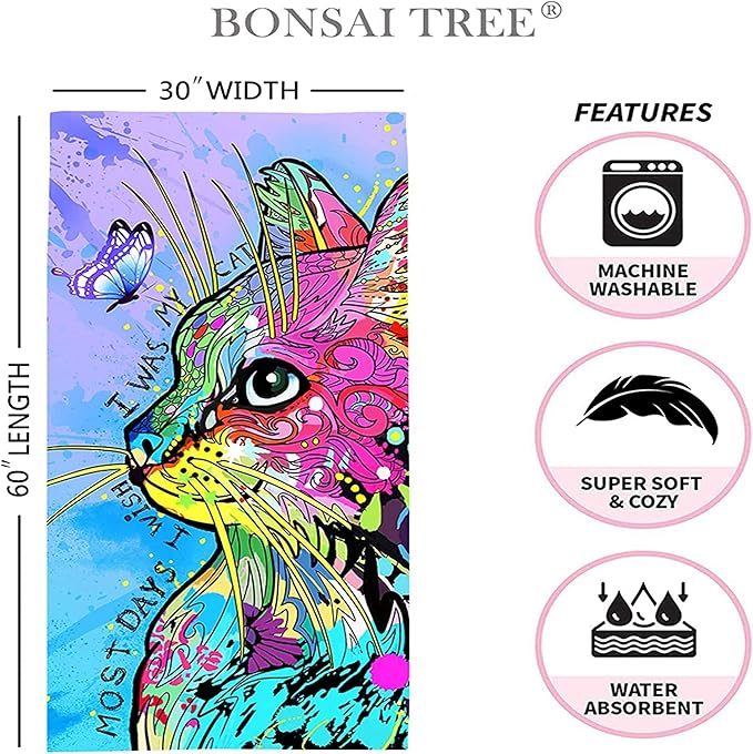 Bonsai Tree Cat Gifts Beach Towel for Women Girls, Cute Microfiber Bath Towel Gifts, Funny Sand Free Quick Dry Travel Towels for Women Kids Yoga Sports 30" X 60