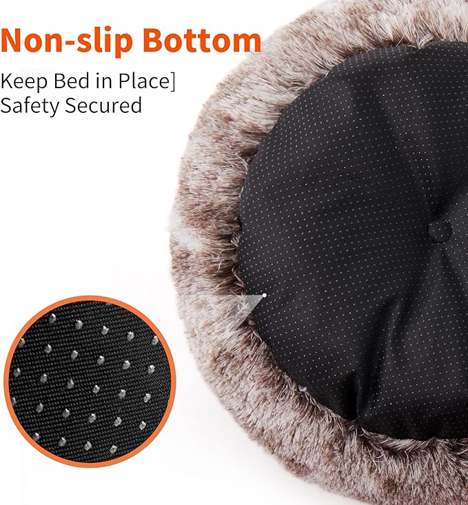 Round Donut Cat and Dog Cushion Bed, Pet Bed for Cats or Small Dogs, Anti-Slip & Water-Resistant Bottom, Super Soft Durable Fabric Pet Beds, Washable Luxury Cat & Dog Bed Brown White 19.7'