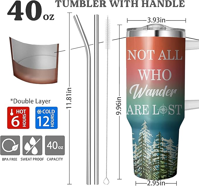 Bigfoots 40 Oz Tumbler with Handle and Straw, Double Wall Stainless Steel Wander Cup, Insulated Keeps Drinks Cold & Hot, Gifts for Bigfoots Lovers