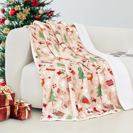 Elegant Comfort Reversible and Ultra-Plush Flannel Fleece-Winter Christmas Sherpa Throw- Lightweight Soft and Cozy-Holiday Decorative Throw, Perfect for Lounging, 50 x 60 inches, Skate and Deers