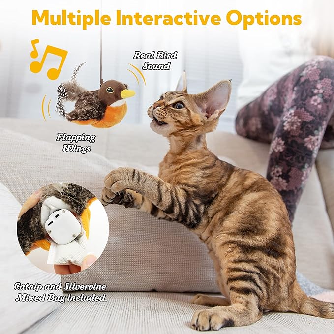 Cat Toys for Bored Indoor Cats, Cat Bat Wings with Catnip Cats, USB Rechargeable Motion Activated Kitten Toys, Interactive Flapping and Chirping Bird Cat Toy