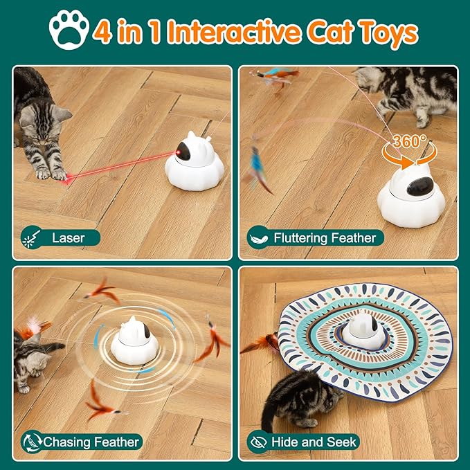 VIWIK Cat Laser Toy Automatic, 4-in-1 Interactive Cat Toys for Indoor Cats, Hide and Seek Kitten Wand Toy, Electronic Kitten Toys with Moving Feather, Stocking Stuffers, for Cat Lovers