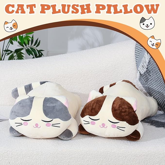 Jexine 2 Pcs 23.6'' Cat Plush Pillow, Cat Plush Hugging Pillow Large Kitty Kitten Plushies for Girls Soft Cute Stuffed Animal for Kids Christmas Birthday Gifts Cuddle, Gray and Brown