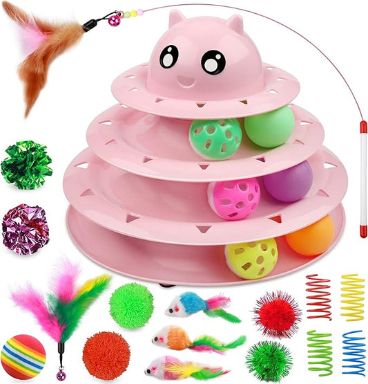 UPSKY 20 PCS Cat Toys, Cat Roller Toy 3-Level Turntable Cat Toys Balls for Indoor Cats, Kitten Toys Set with Cat Teaser Toys, Mice Toys, Spring Toys, and Various Ball Toys.