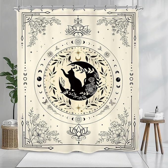 Black Cat Shower Curtain 60Wx72L Inch Gothic Moon Phase Flower Witchy Stars Mystic Celestial Beige Tarot Bathroom Set Accessories Decor with 12 Pack Hooks
