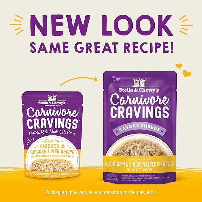 Stella & Chewy's Carnivore Cravings Wet Cat Food Pouches – Grain Free, Protein Rich Meal, Topper or Treat – Chicken & Chicken Liver Recipe (2.8 Ounce Pouches, Case of 24)