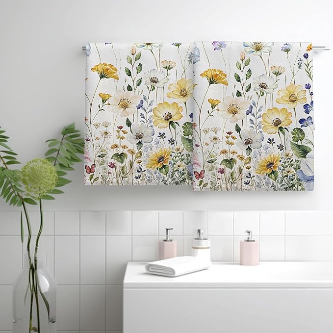 kampdream Faxdong Floral Hand Towel Set of 2, Watercolor Wildflower Botanical Plant Leaves Design Soft Absorbent Towels for Home Hotel Gym Spa Bathroom, Multi5 16×27 inch