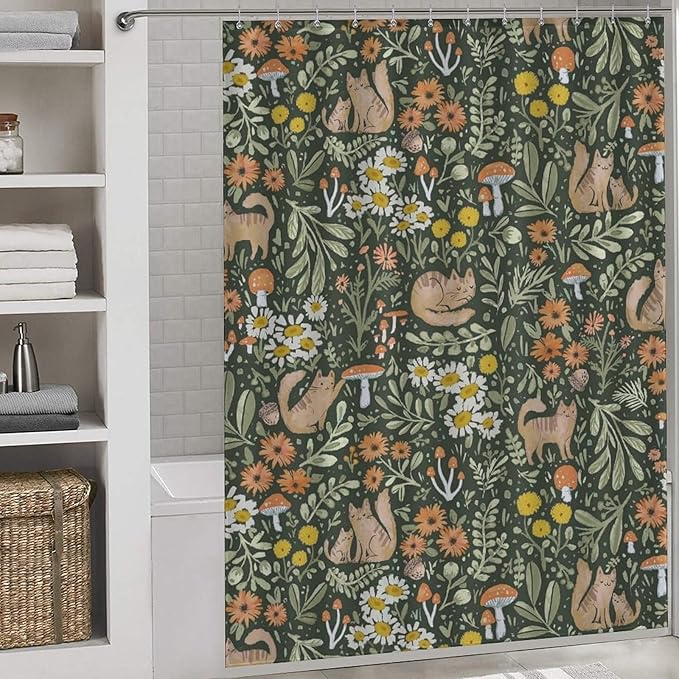 Cartoon Cute Forest Shower Curtains, Fairy Tale Mushroom Cat Flower Floral Leaf Green Pattern Decor Print Bath Drapes Set with Hooks, Waterproof Fabric Windows Treatment for Bathroom, 66x72in